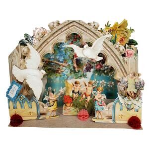 Victorian Antique Vintage Germany Diecut Fold Out Garden Scene Valentines Card